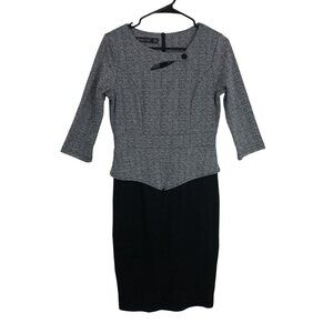 Homeyee Dress Midi Herringbone Fitted 3/4 Sleeves Button Details & Back Zipper